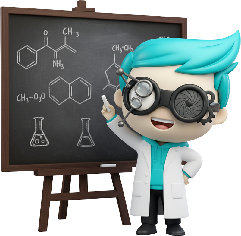 Chemistry teacher next to blackboard